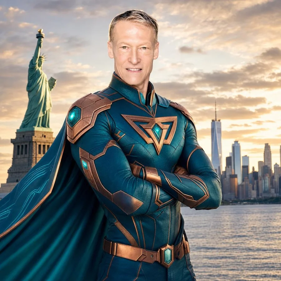 AI portrait of the founder as an original superhero in a teal-and-copper hi-tech suit before the Statue of Liberty and the Manhattan skyline — same face, precisely transformed.