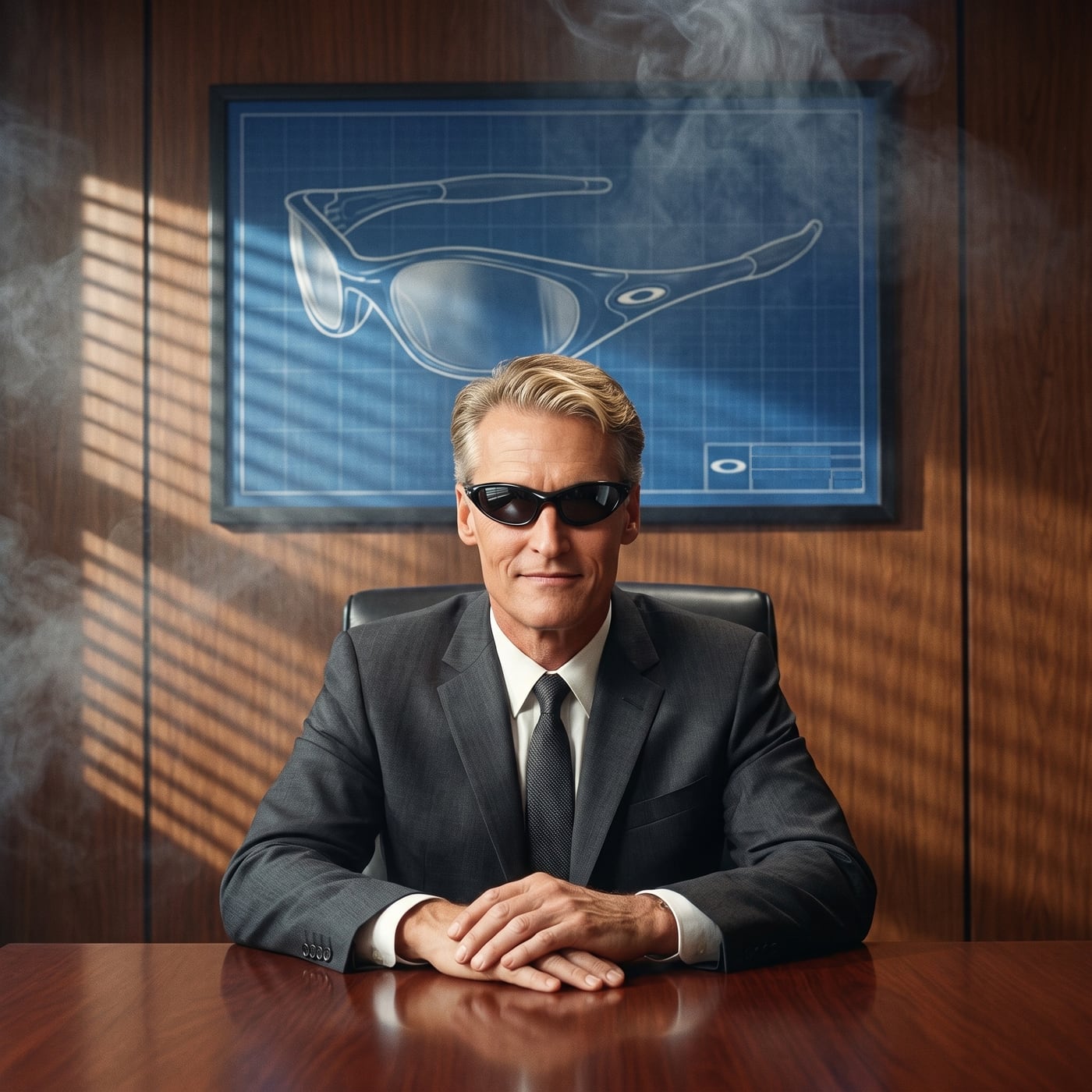 Boardroom portrait with sunglasses blueprint