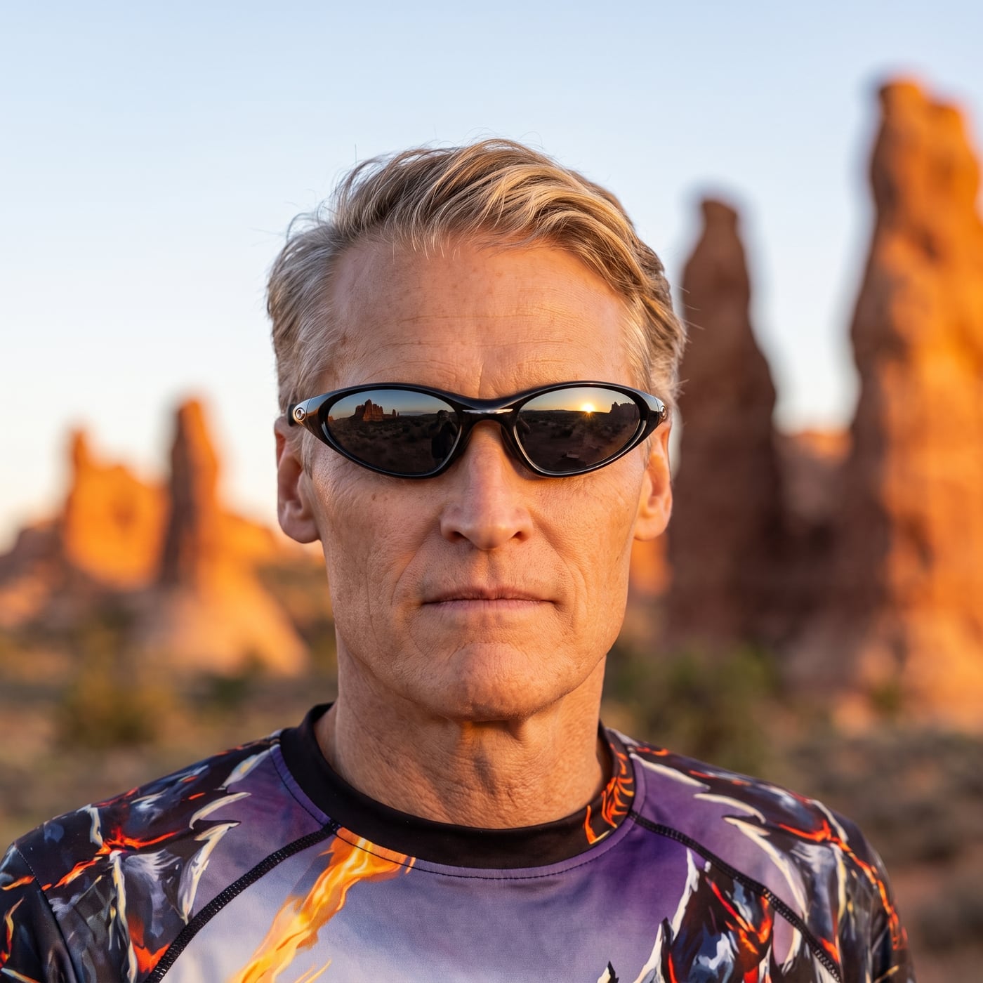 Sunset portrait at Arches, desert reflected in lenses