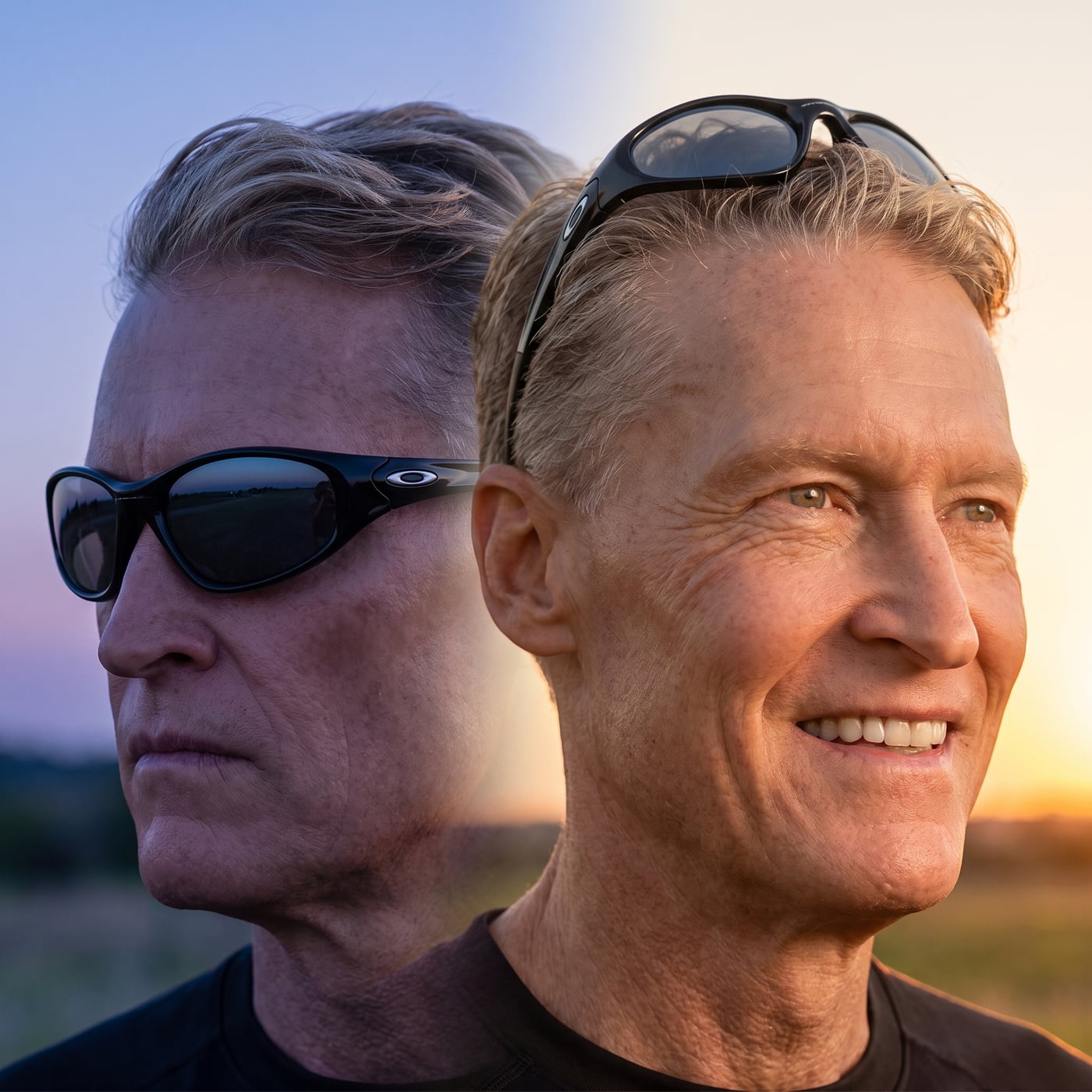 Dusk-to-dawn split portrait, glasses on then eyes open