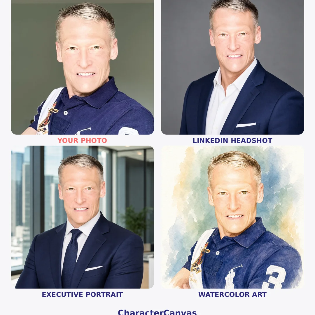 Grid of AI portrait transformations from one photo — professional headshot, executive portrait, and watercolor art, all precisely the same face.